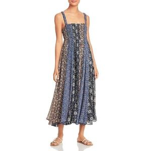 FREE PEOPLE | Come Together Midi Dress Size M Black Combo Smocked Batik Boho